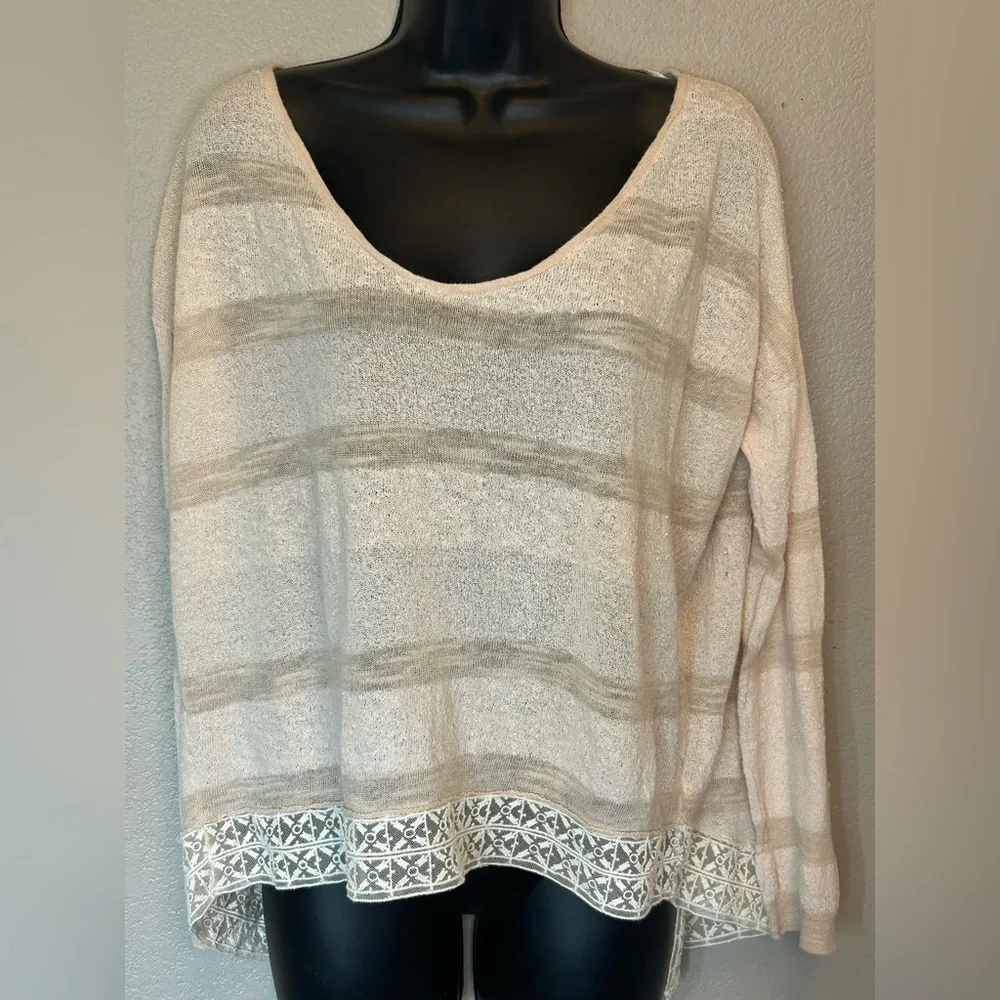 Free People 'Pebble Dash' Long Sleeve Sheer Open Back Lace Trim BOHO Cottagecore